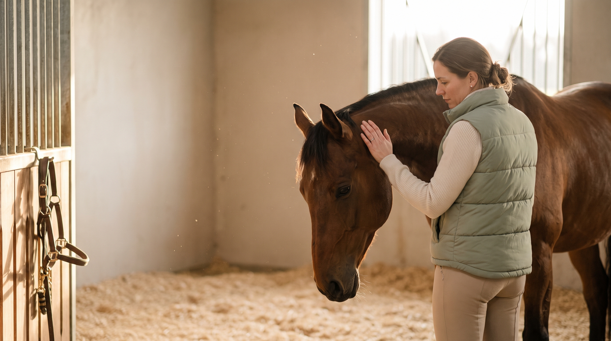 Cavalière et cheval au calme dans une écurie, lumière de fin d'après-midi