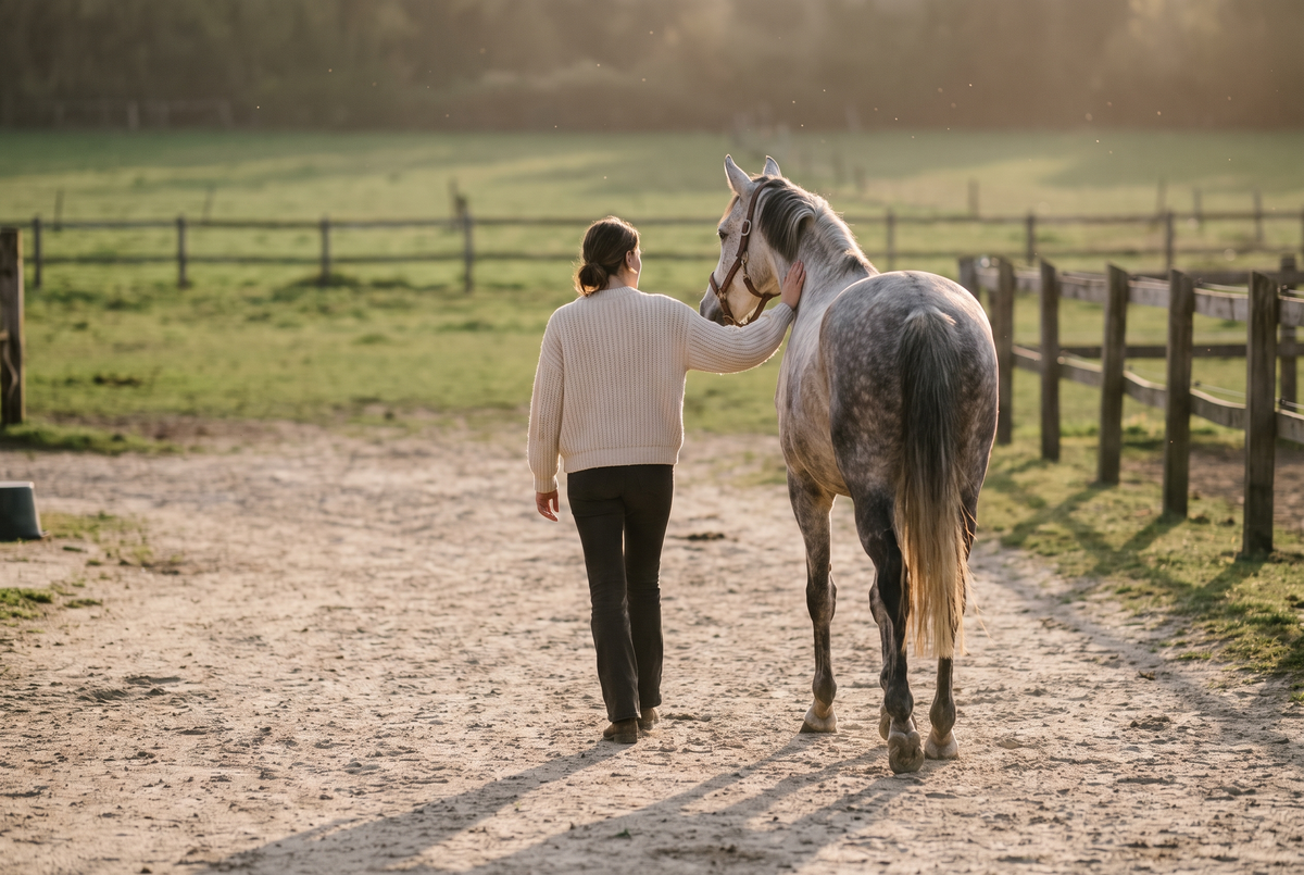 Cavalière marchant à côté de son cheval au coucher du soleil
