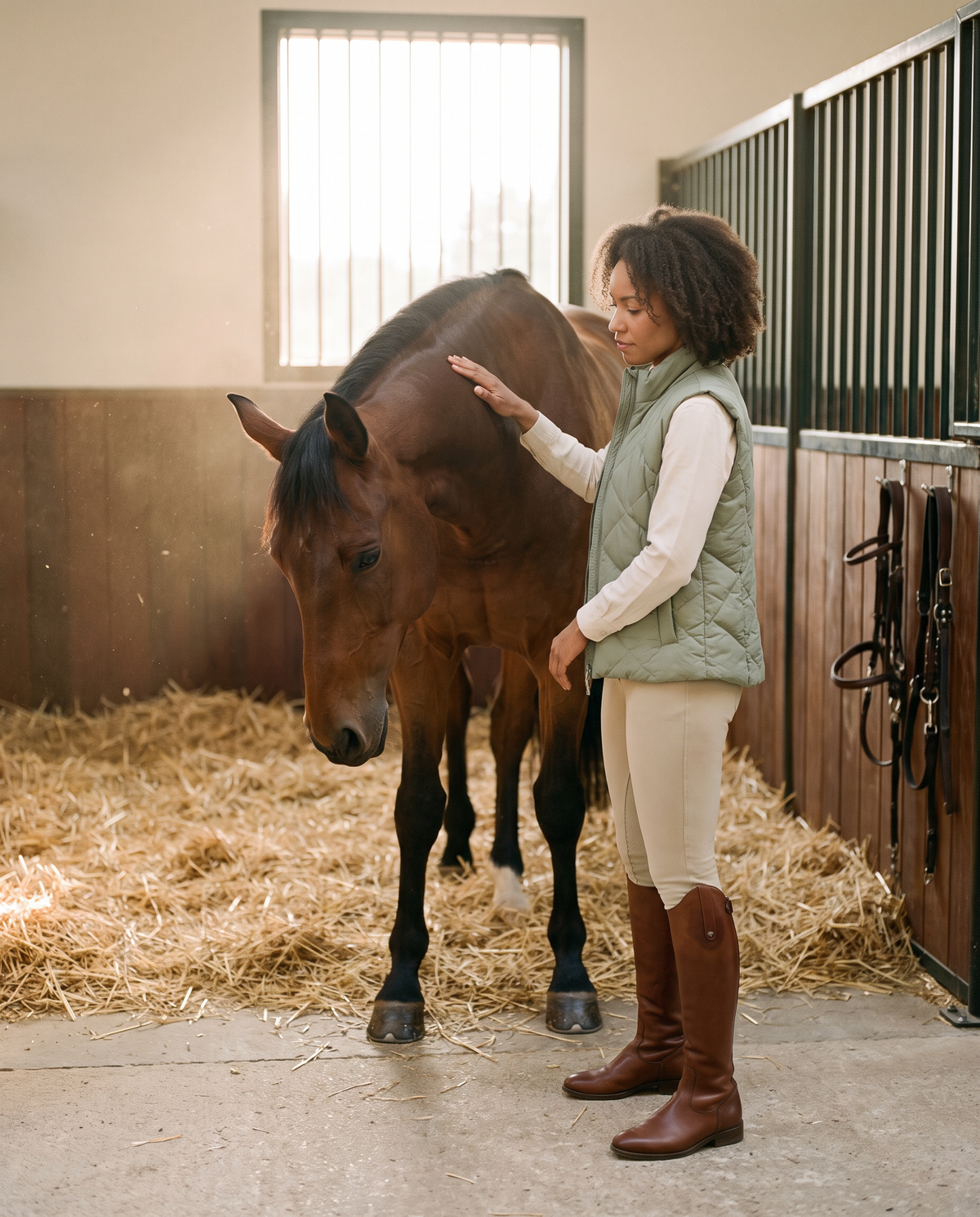 Cavalière et cheval au calme dans une écurie, format mobile