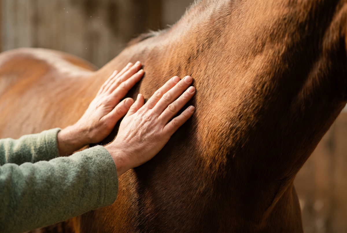 Deux mains posées sur l'épaule d'un cheval